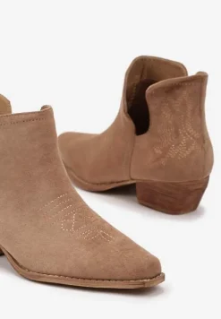 Brązowe Botki Typu Kowbojki z Wycięciem na Stożkowym Obcasie Hanrisa