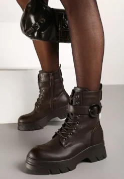 Brązowe Botki w Stylu Workerów na Grubej Podeszwie Berimona