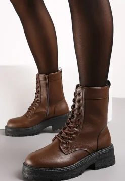 Brązowe Botki Workery na Grubej Podeszwie Fashia
