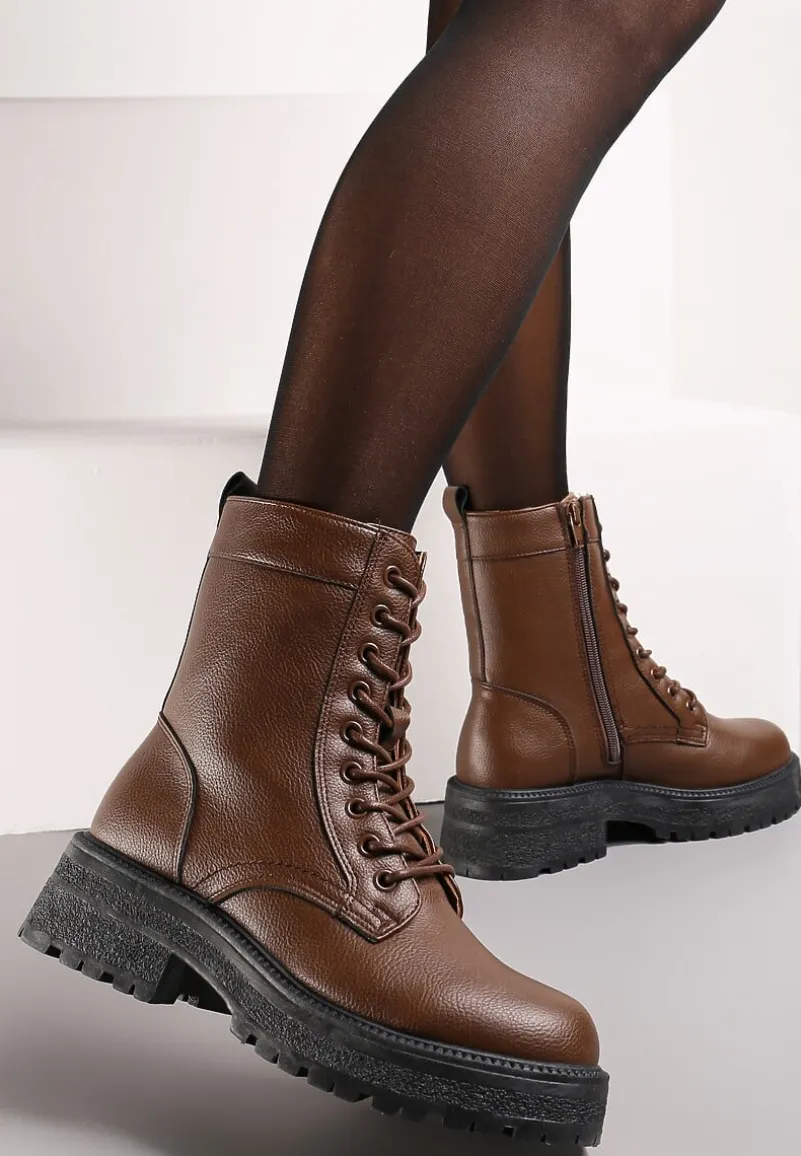Brązowe Botki Workery na Grubej Podeszwie Fashia