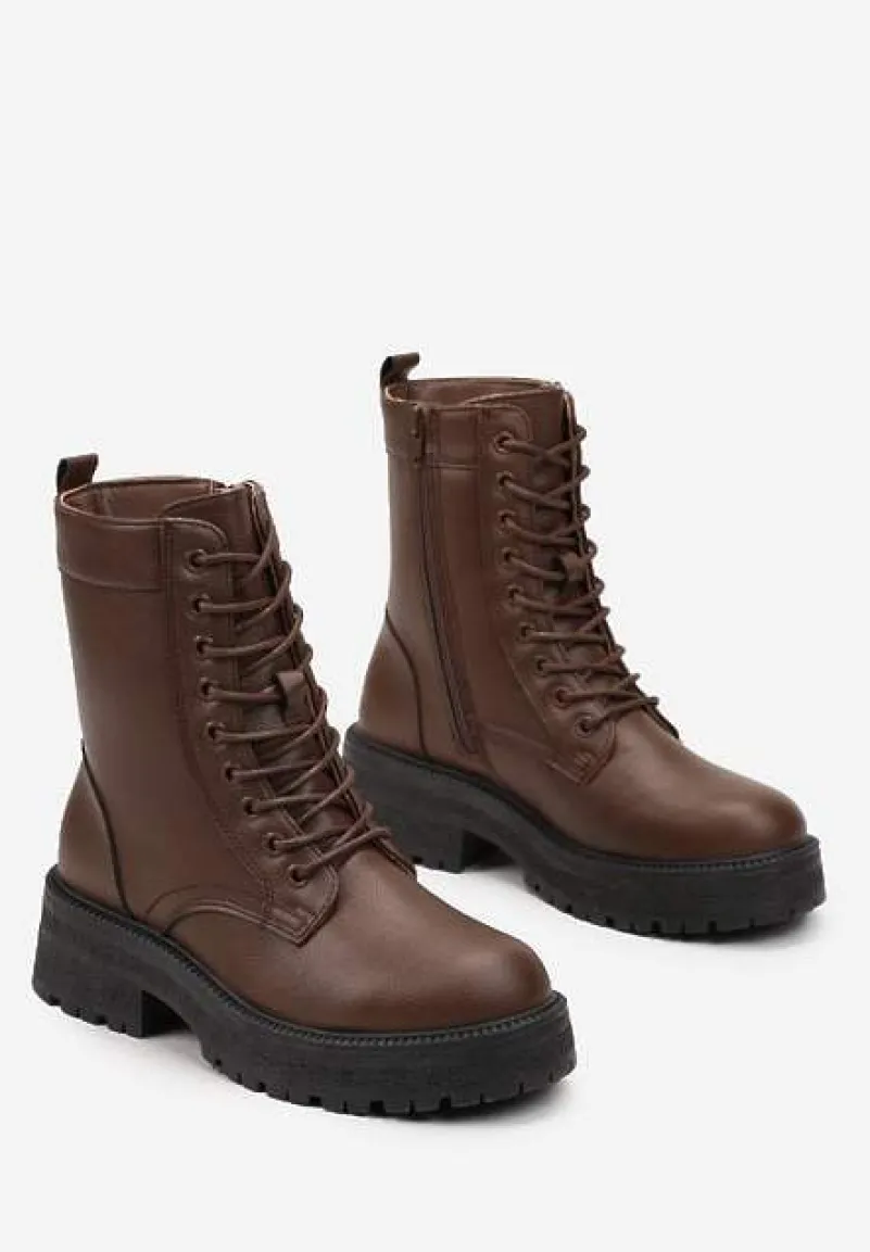 Brązowe Botki Workery na Grubej Podeszwie Fashia