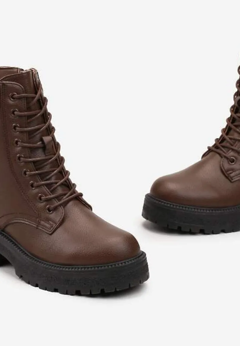 Brązowe Botki Workery na Grubej Podeszwie Fashia