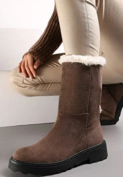 Brązowe Botki z Imitacji Zamszu z Futerkiem i Płaską Podeszwą Cegia