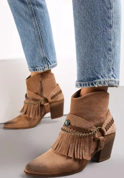 Brązowe Botki z Odpinanym Paskiem Ozdobionym Łańcuszkami i Frędzlami Miossa