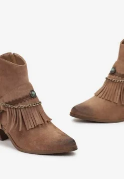 Brązowe Botki z Odpinanym Paskiem Ozdobionym Łańcuszkami i Frędzlami Miossa