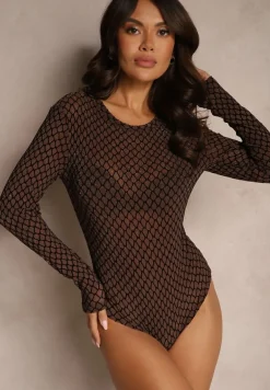 Brązowe Brokatowe Body z Wiskozą i Geometrycznym Motywem Cedidra