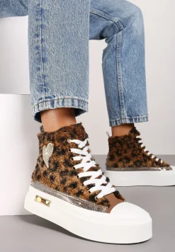 Brązowe Brokatowe Trampki na Platformie z Cholewką za Kostkę Nevirosa