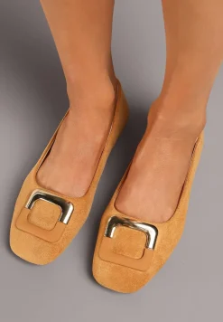 Brązowe Casualowe Balerinki na Płaskiej Podeszwie z Metaliczną Aplikacją Chrissti