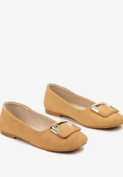 Brązowe Casualowe Balerinki na Płaskiej Podeszwie z Metaliczną Aplikacją Chrissti