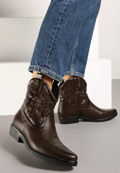 Brązowe Casualowe Botki Kowbojki z Ozdobnym Haftem i Płaskim Obcasem Ravindora