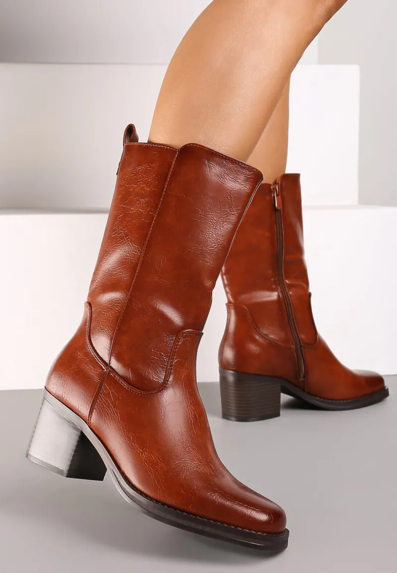 Brązowe Casualowe Botki Sztyblety na Słupku Teralita