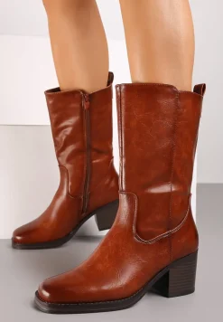 Brązowe Casualowe Botki Sztyblety na Słupku Teralita