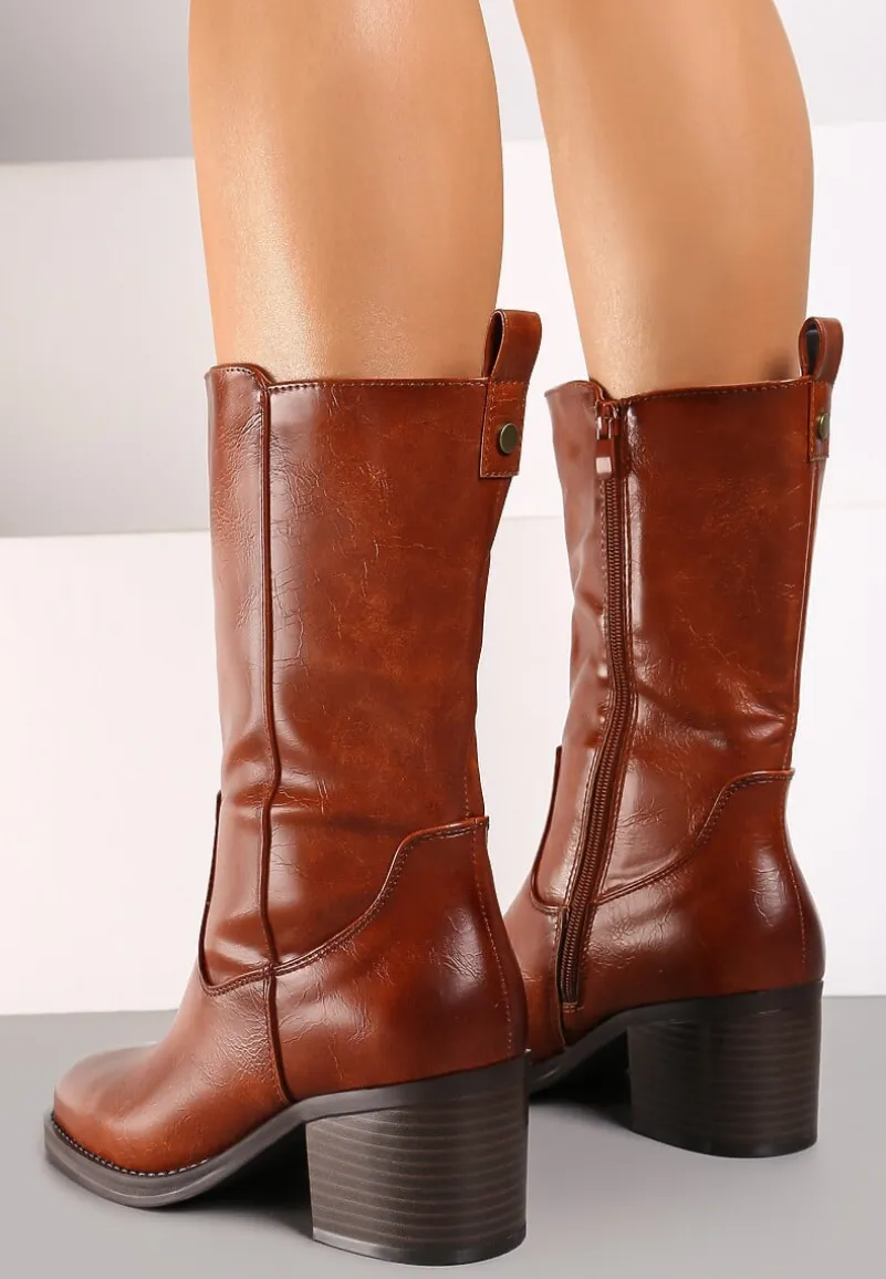 Brązowe Casualowe Botki Sztyblety na Słupku Teralita