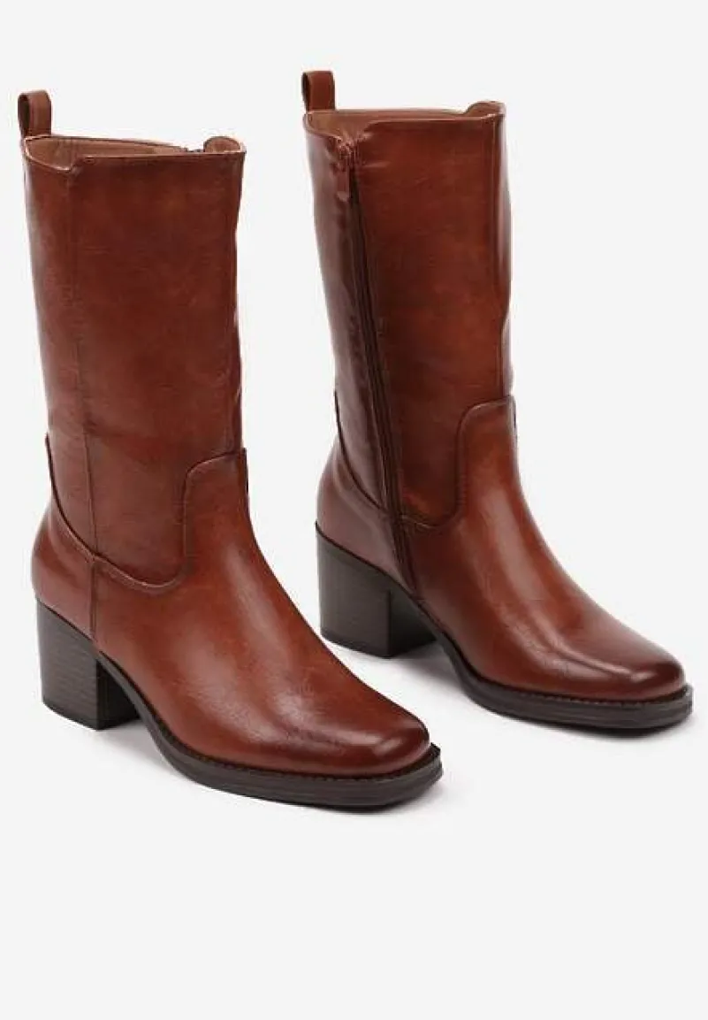 Brązowe Casualowe Botki Sztyblety na Słupku Teralita