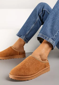 Brązowe Casualowe Kapcie na Płaskiej Podeszwie z Futerkiem Peccaria