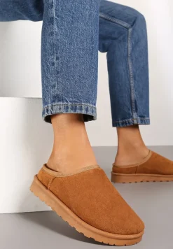 Brązowe Casualowe Kapcie na Płaskiej Podeszwie z Futerkiem Peccaria