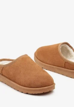 Brązowe Casualowe Kapcie na Płaskiej Podeszwie z Futerkiem Peccaria