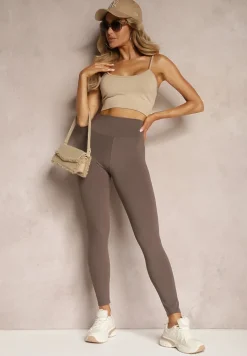 Brązowe Casualowe Spodnie Legginsy High Waist Wykończone Szerokim Pasem Uliantia