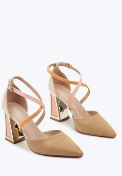 Brązowe Czółenka na Obcasie w Kształcie Stożka z Metalowym Obramowaniem Haslia