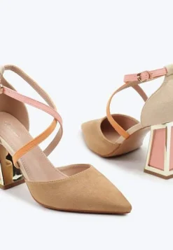 Brązowe Czółenka na Obcasie w Kształcie Stożka z Metalowym Obramowaniem Haslia