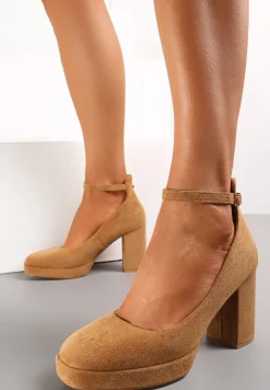 Brązowe Czółenka na Słupku z Kwadratowym Noskiem Malenva