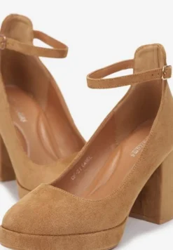 Brązowe Czółenka na Słupku z Kwadratowym Noskiem Malenva