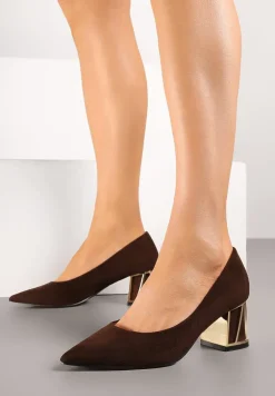 Brązowe Czółenka Vices na Słupku z Metalicznym Detalem i Wkładką ze Skóry Arvisin