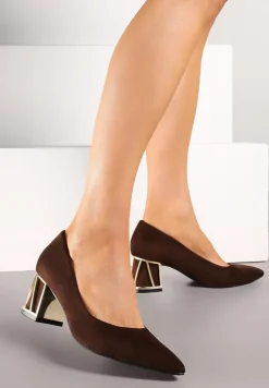 Brązowe Czółenka Vices na Słupku z Metalicznym Detalem i Wkładką ze Skóry Arvisin