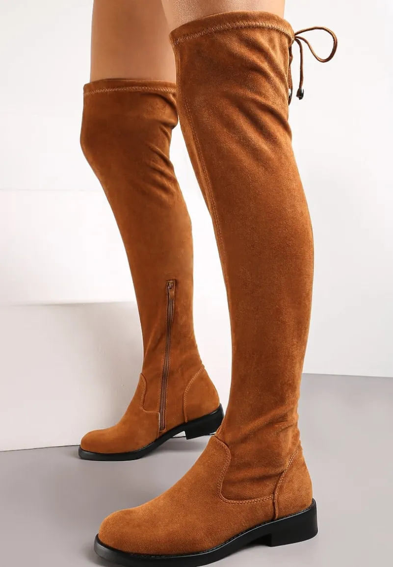 Brązowe Dopasowane Kozaki za Kolano z Wiązaniem z Tyłu Hemiga