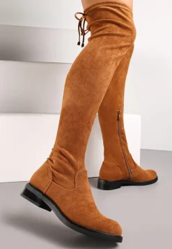 Brązowe Dopasowane Kozaki za Kolano z Wiązaniem z Tyłu Hemiga