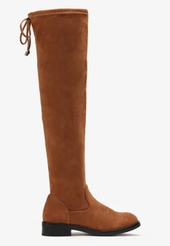 Brązowe Dopasowane Kozaki za Kolano z Wiązaniem z Tyłu Hemiga