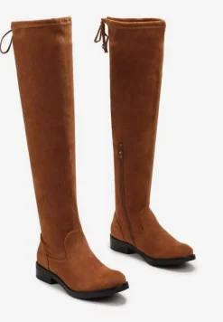 Brązowe Dopasowane Kozaki za Kolano z Wiązaniem z Tyłu Hemiga