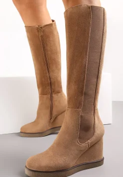 Brązowe Dopasowane Kozaki przed Kolano na Koturnie Infinita