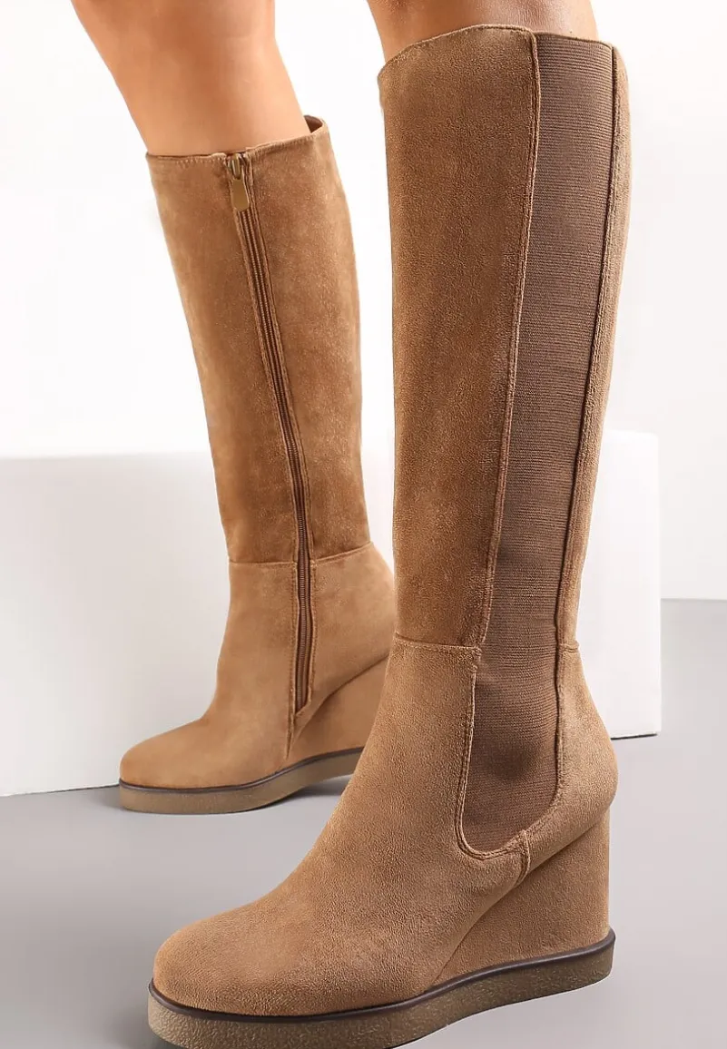 Brązowe Dopasowane Kozaki przed Kolano na Koturnie Infinita