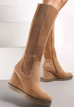 Brązowe Dopasowane Kozaki przed Kolano na Koturnie Infinita