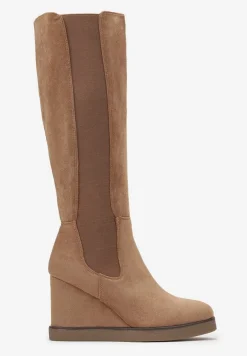 Brązowe Dopasowane Kozaki przed Kolano na Koturnie Infinita