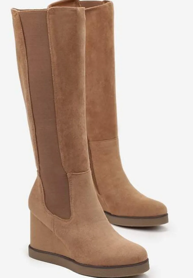 Brązowe Dopasowane Kozaki przed Kolano na Koturnie Infinita