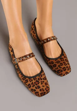 Brązowe Ekozamszowe Balerinki w Panterkę z Kwadratowym Noskiem i Zapięciem na Sprzączkę Ittalise