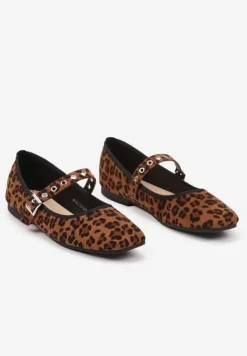 Brązowe Ekozamszowe Balerinki w Panterkę z Kwadratowym Noskiem i Zapięciem na Sprzączkę Ittalise
