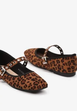 Brązowe Ekozamszowe Balerinki w Panterkę z Kwadratowym Noskiem i Zapięciem na Sprzączkę Ittalise