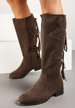 Brązowe Ekozamszowe Kozaki z Cholewką Ozdobioną Frędzlami Realenna