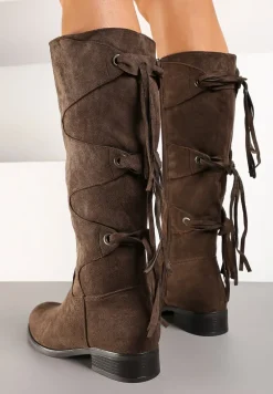 Brązowe Ekozamszowe Kozaki z Cholewką Ozdobioną Frędzlami Realenna