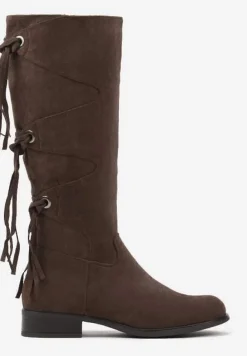 Brązowe Ekozamszowe Kozaki z Cholewką Ozdobioną Frędzlami Realenna
