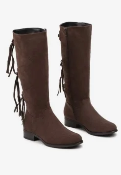 Brązowe Ekozamszowe Kozaki z Cholewką Ozdobioną Frędzlami Realenna