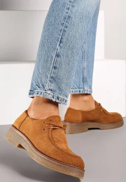 Brązowe Ekozamszowe Półbuty Sznurowane na Płaskiej Podeszwie Inalith