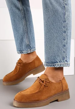 Brązowe Ekozamszowe Półbuty Sznurowane na Płaskiej Podeszwie Inalith