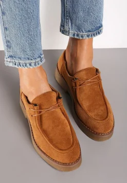 Brązowe Ekozamszowe Półbuty Sznurowane na Płaskiej Podeszwie Inalith