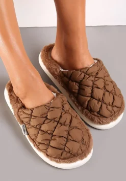Brązowe Eleganckie Kapcie Pikowane na Niskiej Platformie Tavemene