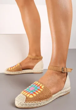 Brązowe Espadryle na Płaskiej Podeszwie Zapinane na Sprzączkę z Plecioną Podeszwą Laveda