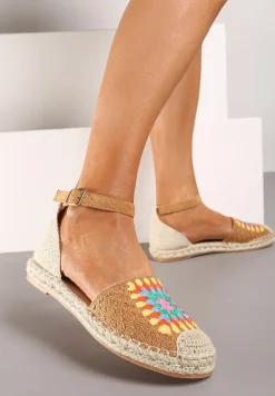 Brązowe Espadryle na Płaskiej Podeszwie Zapinane na Sprzączkę z Plecioną Podeszwą Laveda